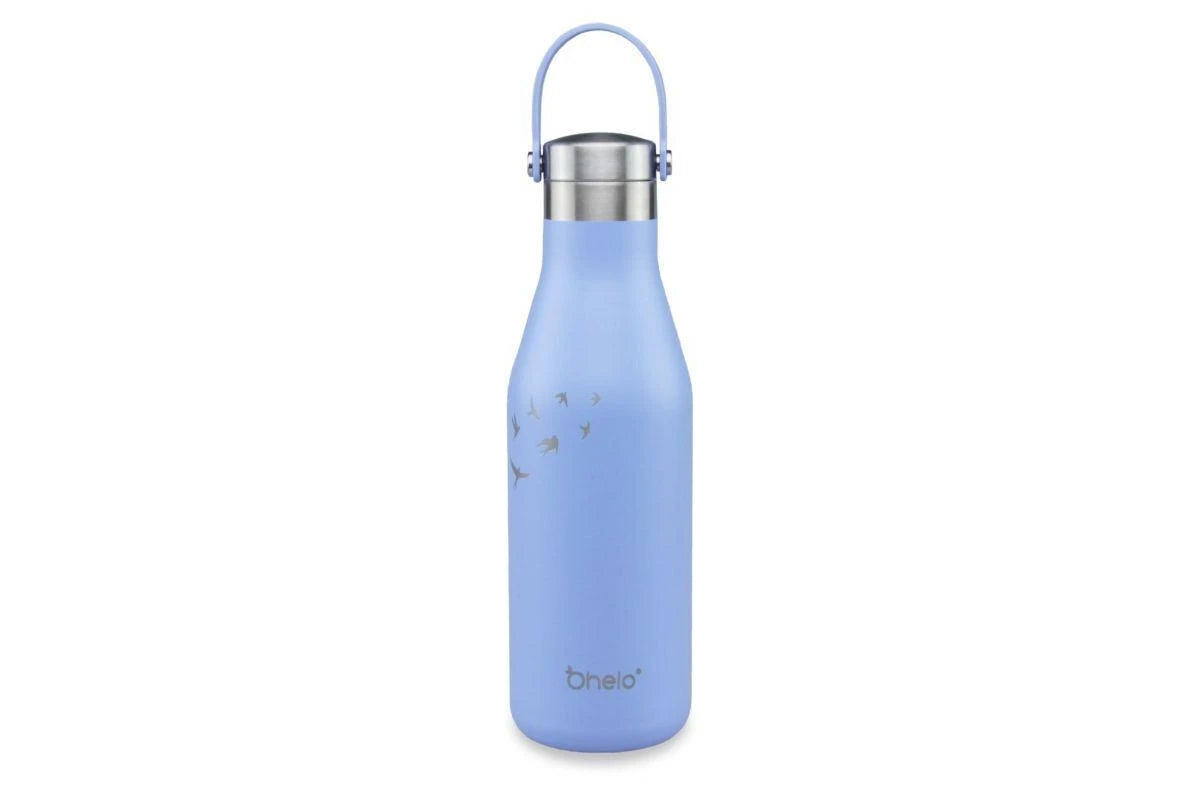 OHelo 500ml Delicate Water Insulated Thermal Travel Mug Blue Bottle With Handle/ Strap- Etched Swallow Designs