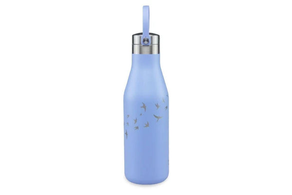 OHelo 500ml Delicate Water Insulated Thermal Travel Mug Blue Bottle With Handle/ Strap- Etched Swallow Designs