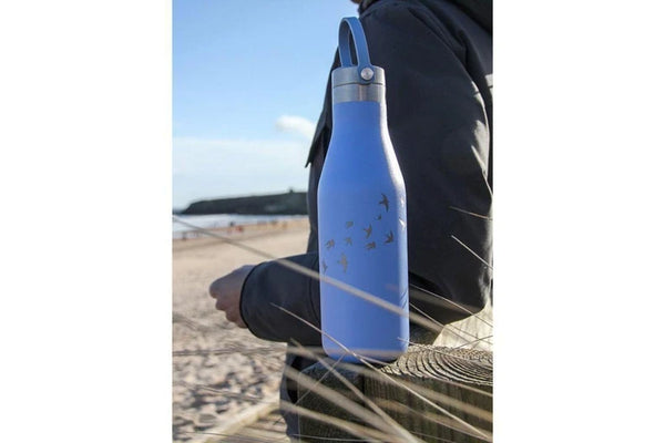 OHelo 500ml Delicate Water Insulated Thermal Travel Mug Blue Bottle With Handle/ Strap- Etched Swallow Designs