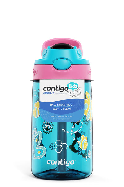 Contigo Kids 414ml Autospout Butterflies Water Drink Bottle with Straw- BPA Free & Dishwasher Safe- Great For Kids School/ Trips/ Activities