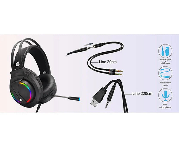 Moveteck Wired Gaming Headset Headphones With Built- In Microphone & LED Light- Compatible With PS5/ PS4/ Xbox/ PC/ Xbox CT019