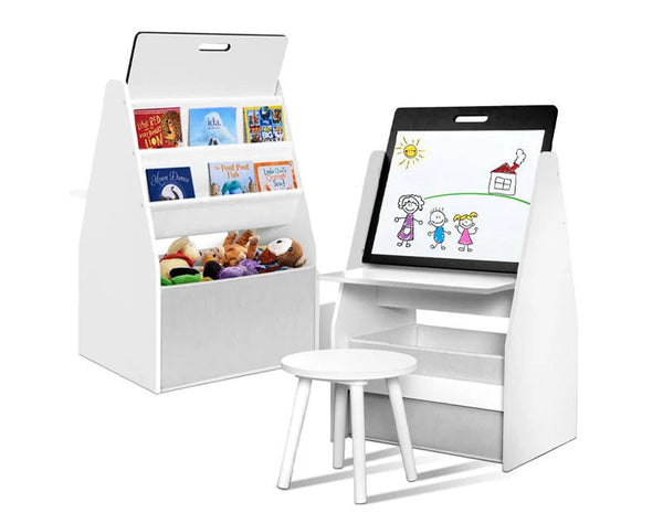 Keezi Kids 2-in-1 Multi-Functional Bookshelf and Activity Desk with Magnetic Whiteboard, Storage Shelves, and Matching Stool – Ideal for Learning, Reading, and Drawing