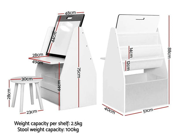 Keezi Kids 2-in-1 Multi-Functional Bookshelf and Activity Desk with Magnetic Whiteboard, Storage Shelves, and Matching Stool – Ideal for Learning, Reading, and Drawing