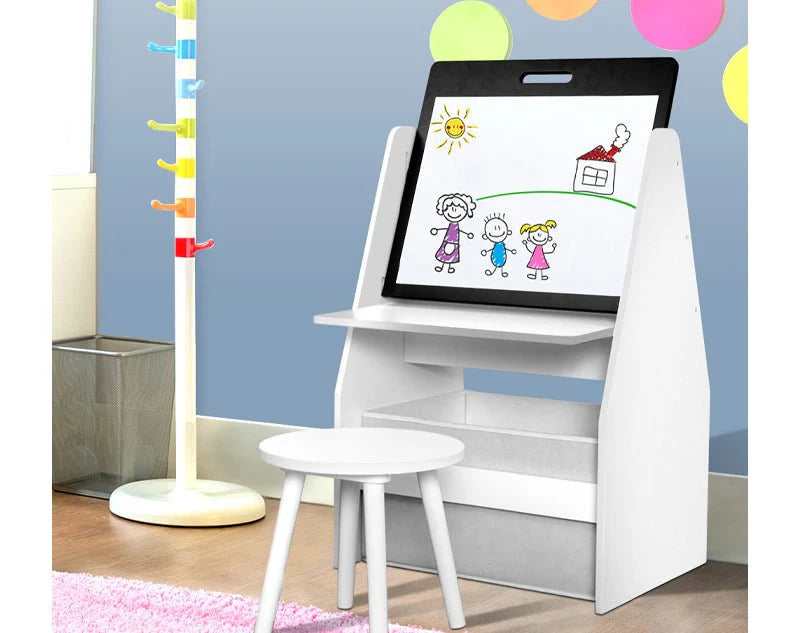 Keezi Kids 2-in-1 Multi-Functional Bookshelf and Activity Desk with Magnetic Whiteboard, Storage Shelves, and Matching Stool – Ideal for Learning, Reading, and Drawing