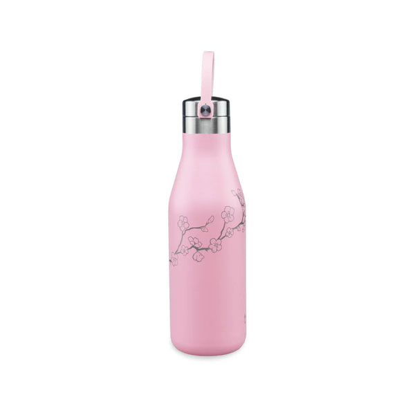 OHelo 500ml Delicate Water Insulated Thermal Travel Mug Pink Bottle With Handle/ Strap-  Etched Blossoms Designs