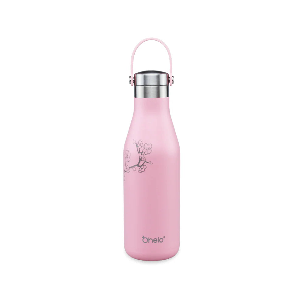 OHelo 500ml Delicate Water Insulated Thermal Travel Mug Pink Bottle With Handle/ Strap-  Etched Blossoms Designs