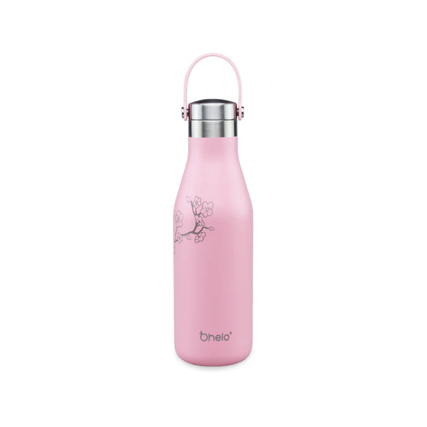 OHelo 500ml Delicate Water Insulated Thermal Travel Mug Pink Bottle With Handle/ Strap-  Etched Blossoms Designs