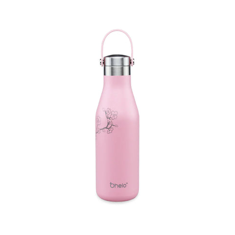 OHelo 500ml Delicate Water Insulated Thermal Travel Mug Pink Bottle With Handle/ Strap-  Etched Blossoms Designs