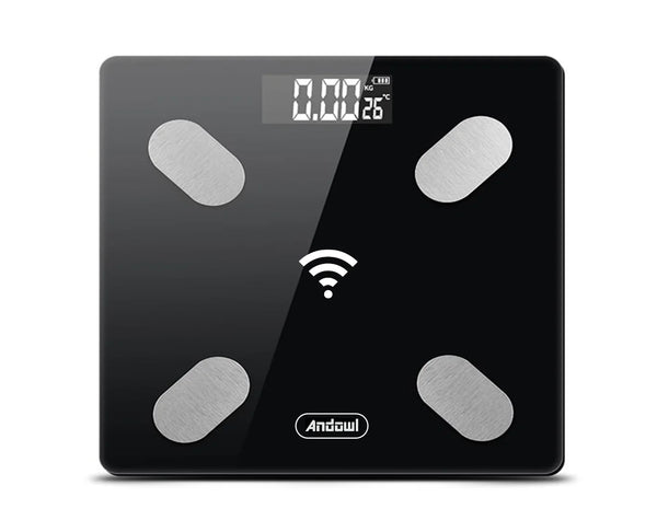 Andowl Smart Digital Bathroom Scale with LED- Auto On Off Function/ Safety Glass Platform
