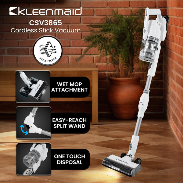 Kleenmaid Cordless Stick Vacuum Cleaner with Split Wand and Wet Mop - CSV 3865
