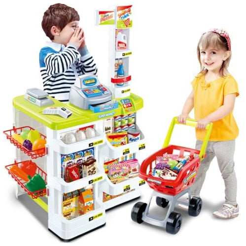 Kids Supermarket Toy Store Food Pretend Play Set Cash Shopping Trolley Market