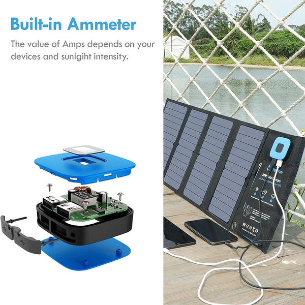 BigBlue Portable 28W SunPower Solar Panel 2 USB Ports with Digital Ammeter